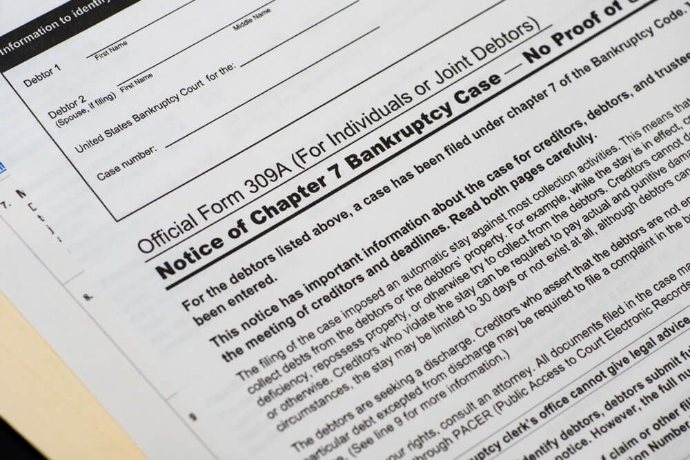 Close-up of a white bankruptcy form titled