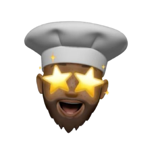 Chef with star-shaped eyes, open mouth, and ecstatic expression, wearing a chef's hat.