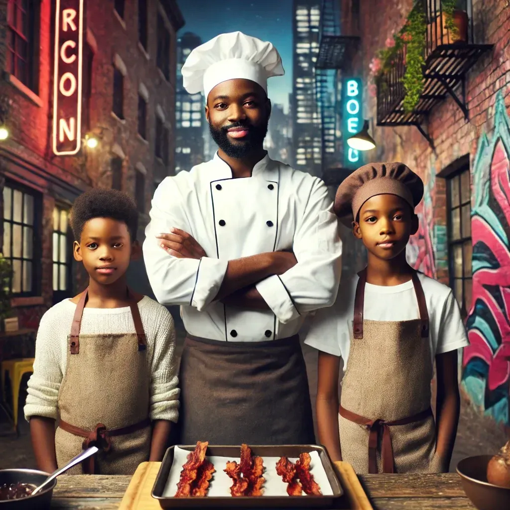 A smiling chef and two children stand in a city alley with bacon on a baking sheet.