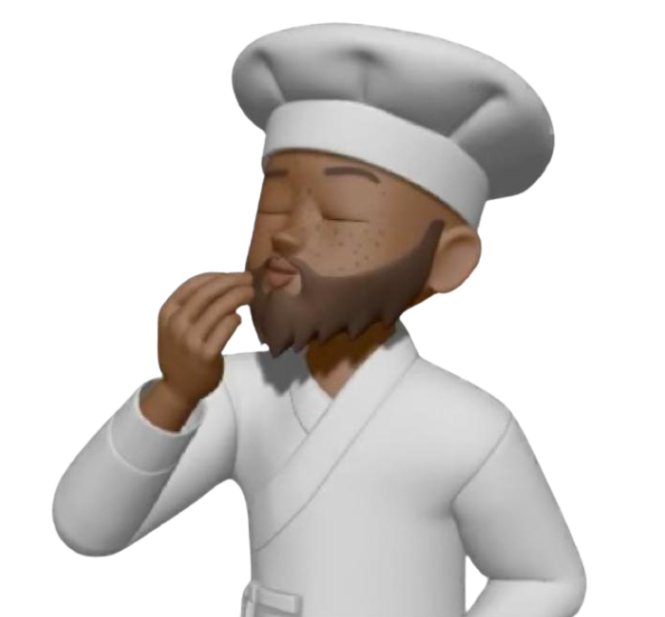 Chef with beard and chef hat tasting food, eyes closed, white uniform.