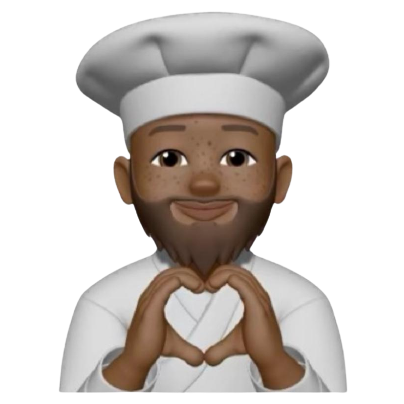 Chef emoji with dark skin, beard, and hands forming a heart.