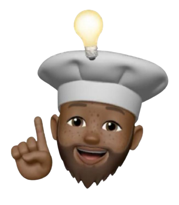 Chef emoji with lightbulb above head, pointing up, having an idea.