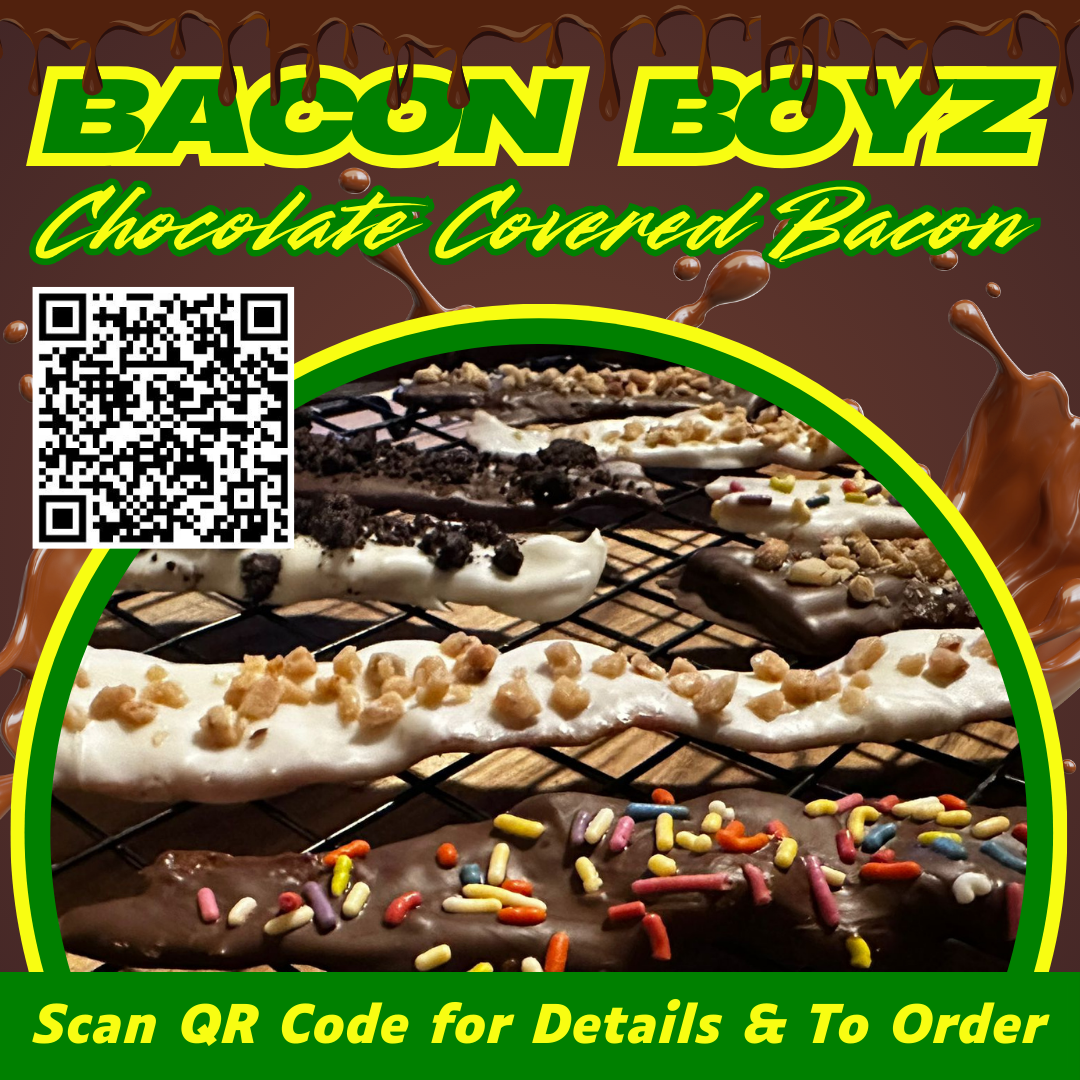 Bacon Boyz ad: Chocolate-covered bacon with sprinkles and toppings, QR code for details and ordering.