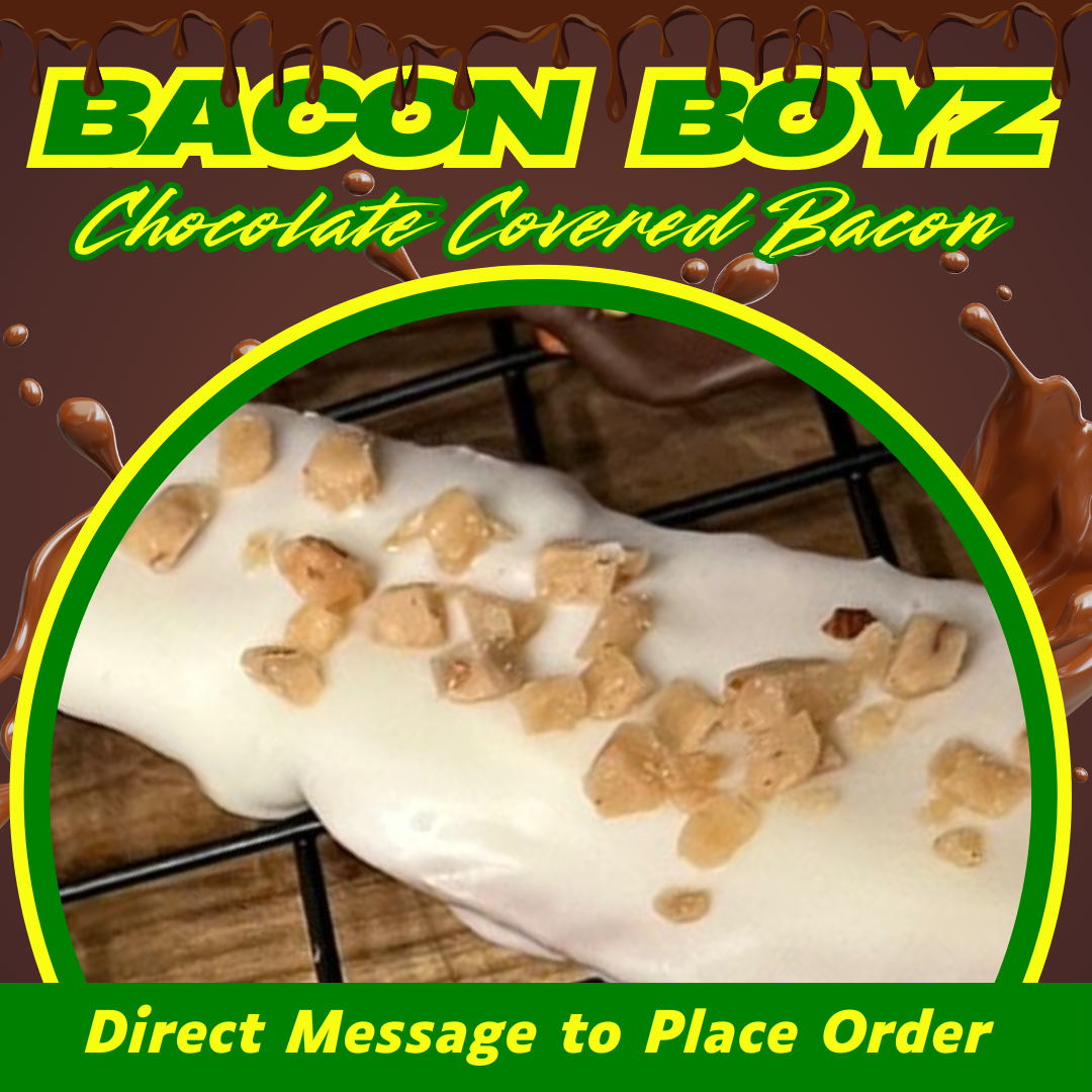 Chocolate-covered bacon from Bacon Boyz, drizzled with white chocolate and crushed nuts, set on a rack.