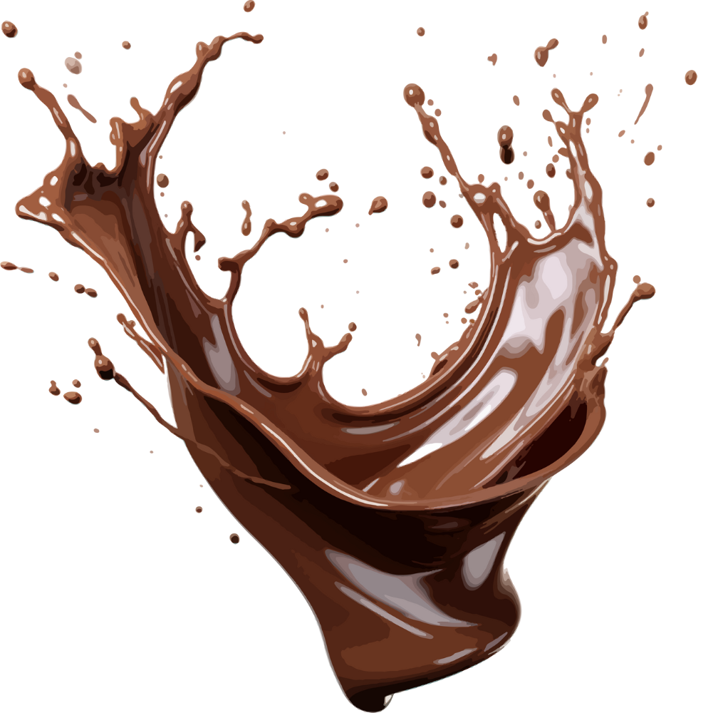 Splashed dark chocolate in dynamic motion with drops and spray, white background.