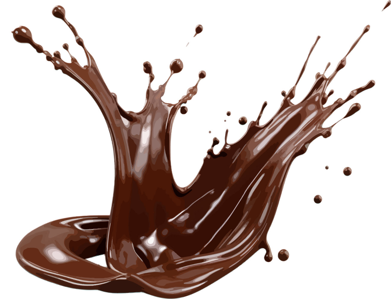 Chocolate splash, dark brown, in mid-air, with droplets and a swirling base.