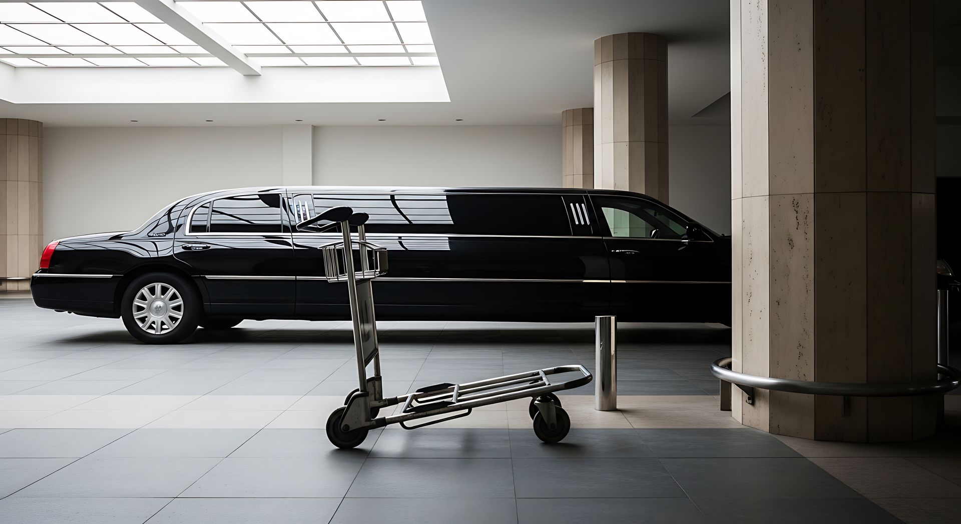A sleek black airport limousine parked inside a bright modern transportation terminal lobby