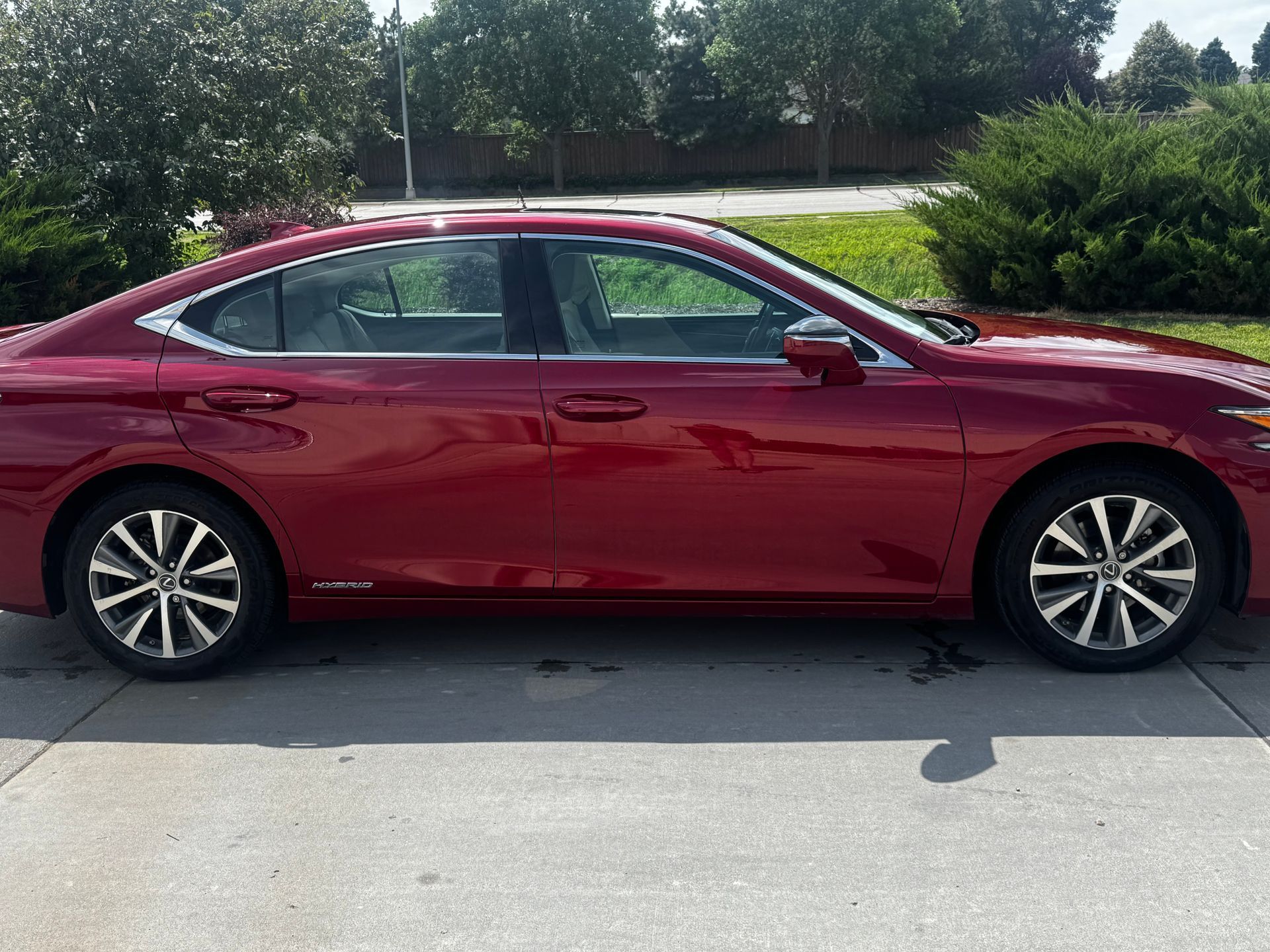 A side view of a red sedan parked on a concrete driveway with trees and grass in the background.