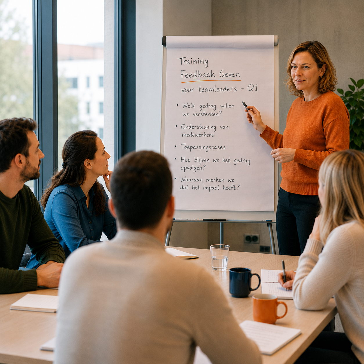 Business meeting with team around a conference table, woman presenting at a whiteboard in a bright office.
