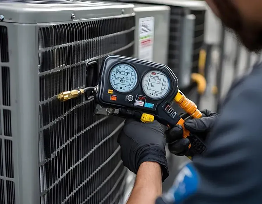 Technician using a gauge manifold to inspect an outdoor HVAC unit