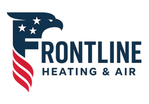 Frontline Heating & Air logo with navy, red, and white eagle-flag graphic