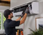 Technician repairing a wall-mounted air conditioner with tools in a home interior