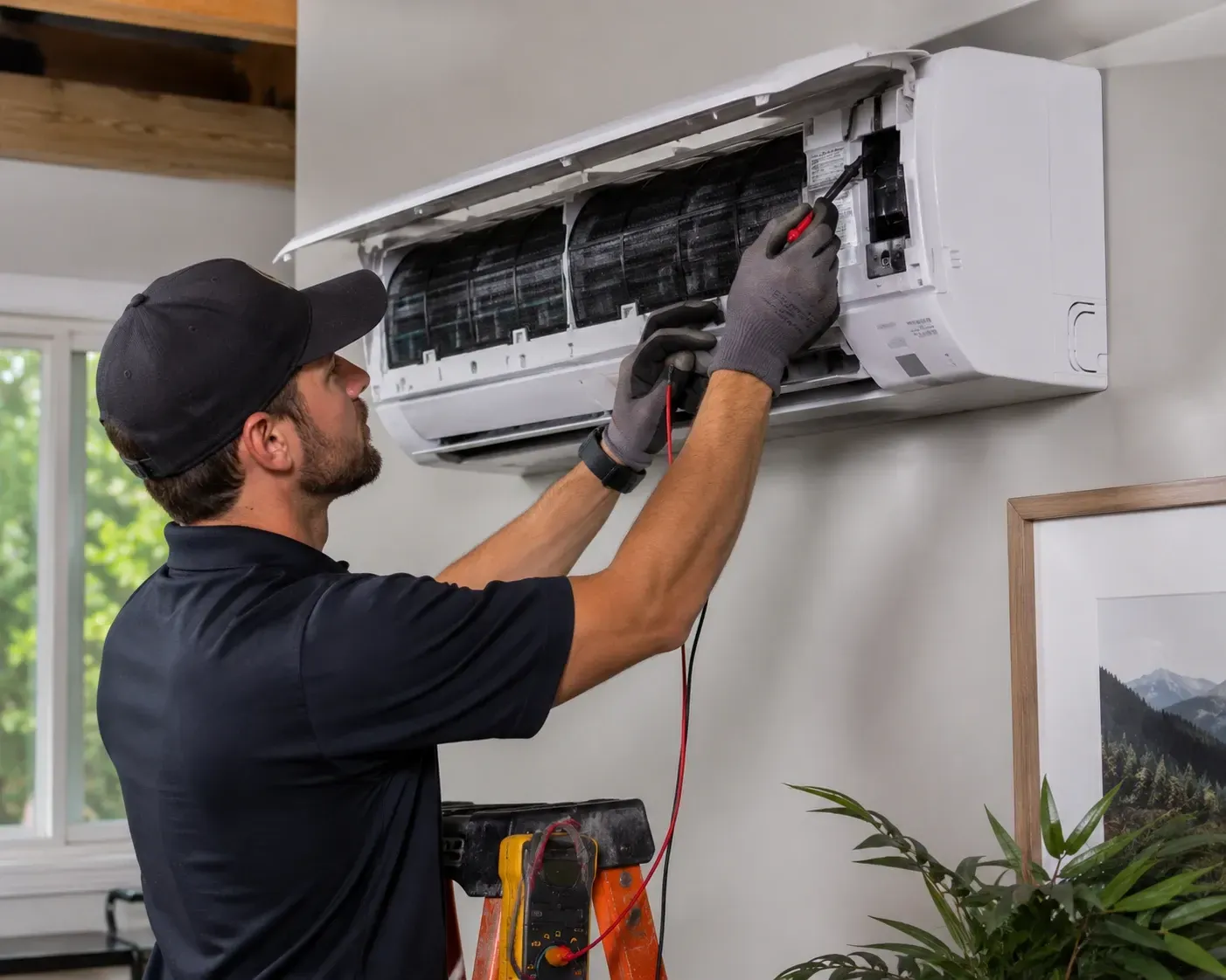 Technician repairing a wall-mounted ductless mini split heat pump