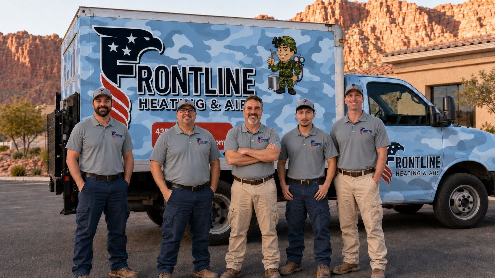 The Frontline Heating and Air team of five technicians standing in front of their branded box truck in St. George, Utah