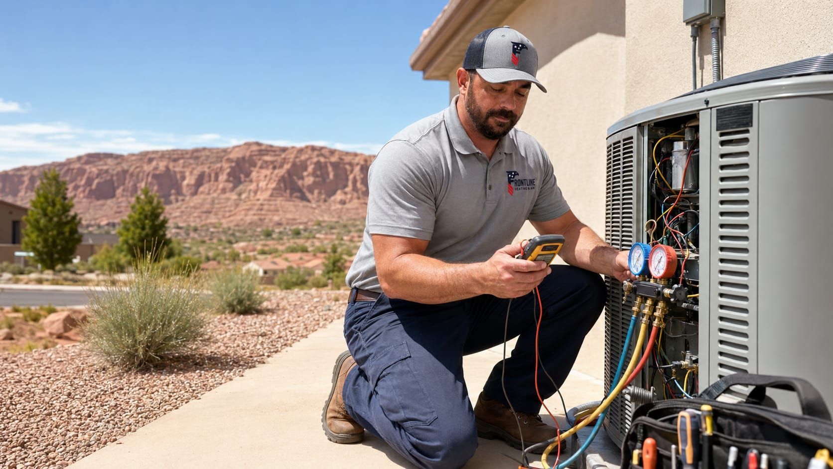 Frontline Heating and Air technician taking readings during a commercial site walkthrough in St. George, Utah