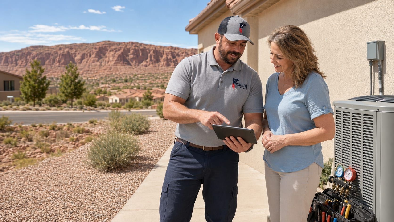 Frontline Heating and Air technician walking a St. George homeowner through the inspection findings