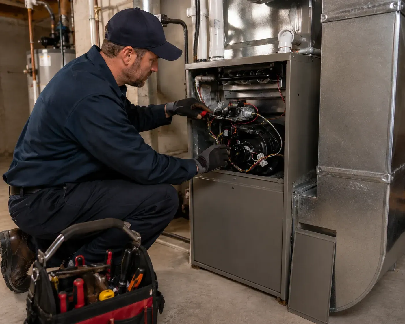 Frontline technician inspecting an open furnace unit