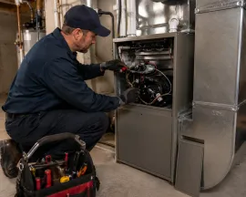 Technician inspecting open HVAC unit beside silver ductwork, with tool bag on the floor