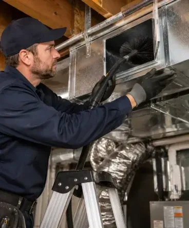 Technician inspecting duct work in a home attic