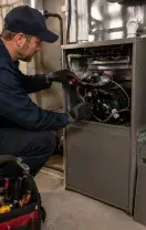 Technician kneeling beside an open HVAC unit, inspecting wiring in a utility room