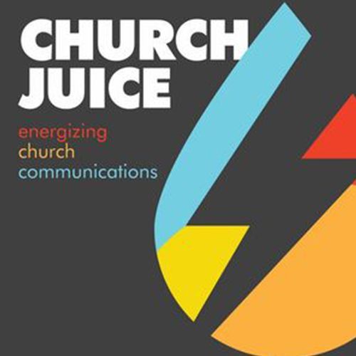 Church Juice logo with white text and colorful abstract shapes on a dark gray background.