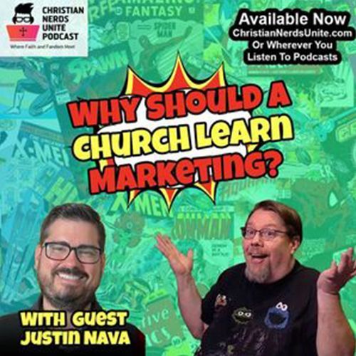 Podcast cover: Two men, one with glasses smiling, the other gesturing, with comic book background. 