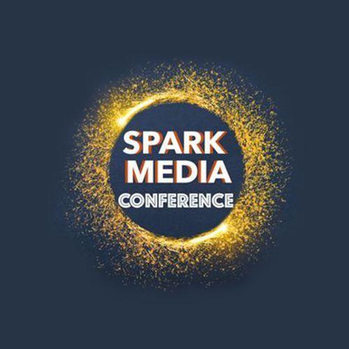 Spark Media Conference logo: white text in a gold circle with gold sparkles on a dark blue background.