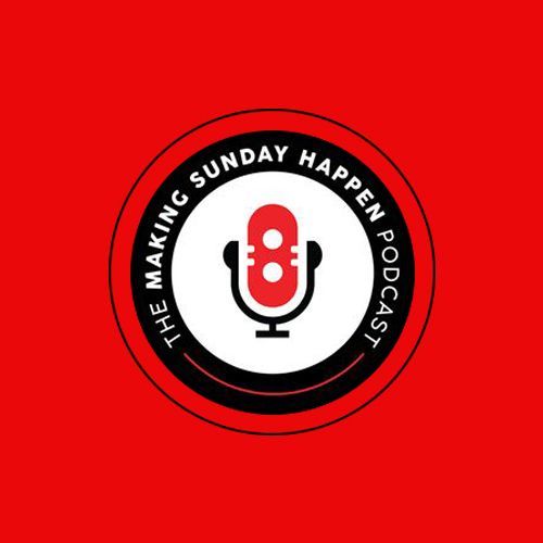 Logo for “The Making Sunday Happen Podcast.” A red microphone inside a white circle, set against a red background.