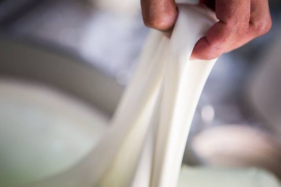 Le mani del casaro che formano la mozzarella fresca