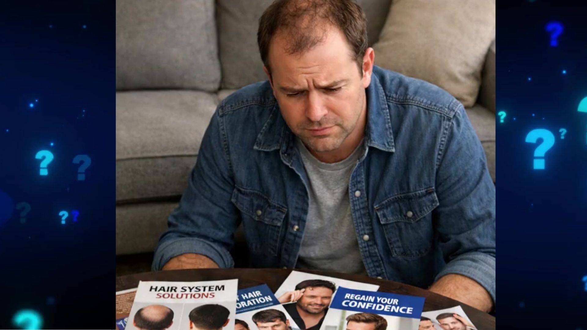 Man looking down at hair loss product brochures; living room setting.