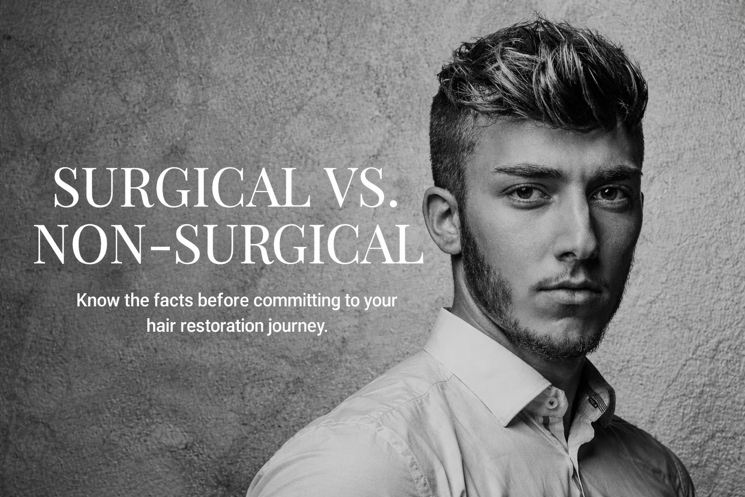 Man with styled hair, text reads "SURGICAL VS. NON-SURGICAL" about hair restoration options.