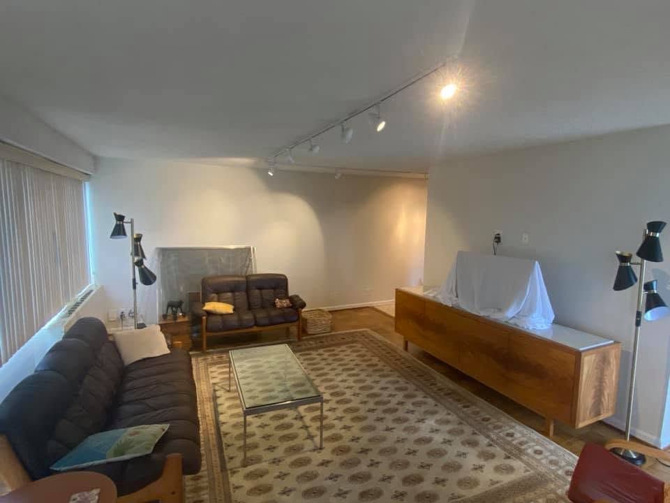 Spacious living room with dark sofas, patterned rug, and wood cabinet along the wall