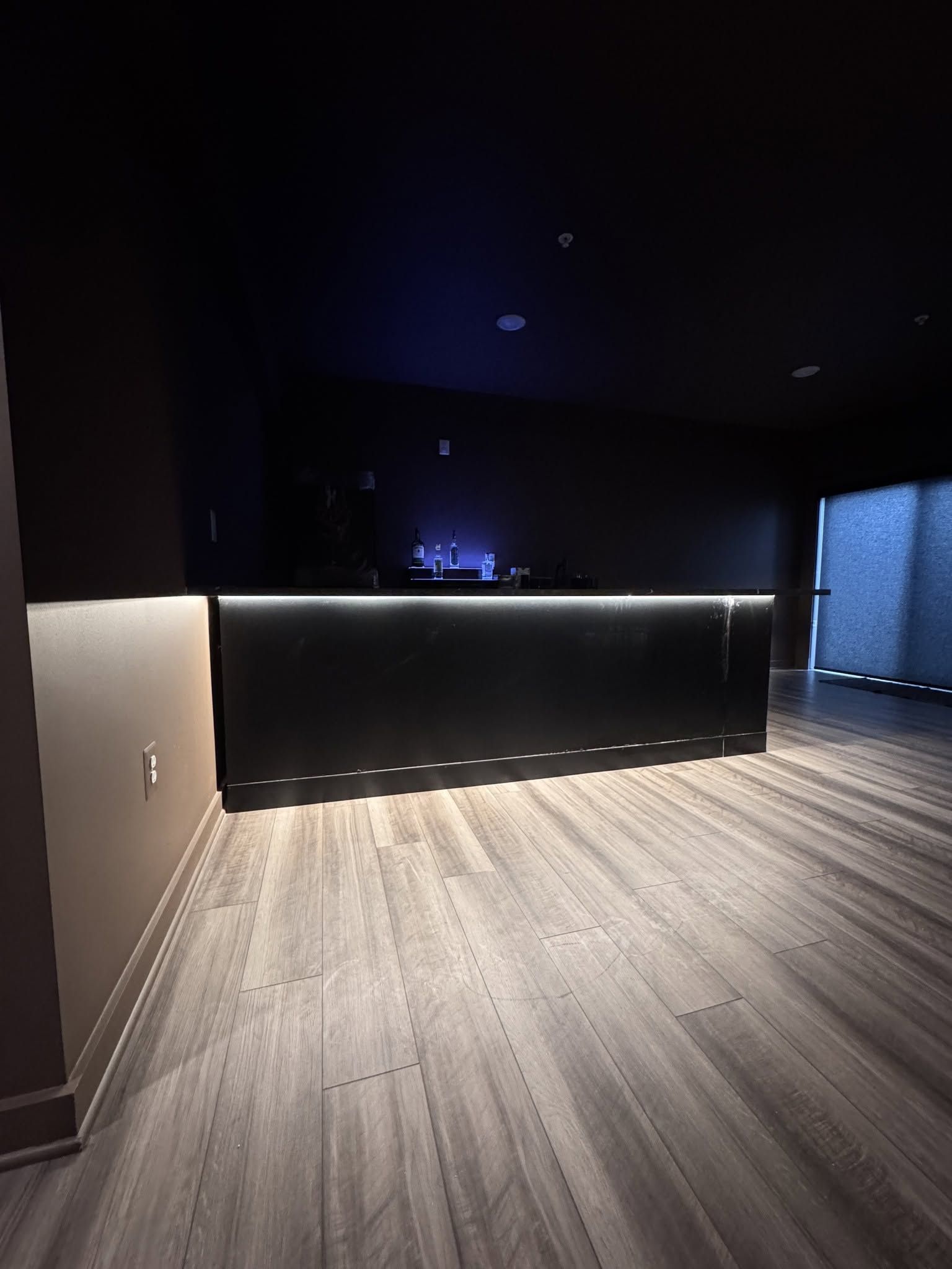 Dimly lit modern room with a black front counter, blue backlighting, and wood-look flooring