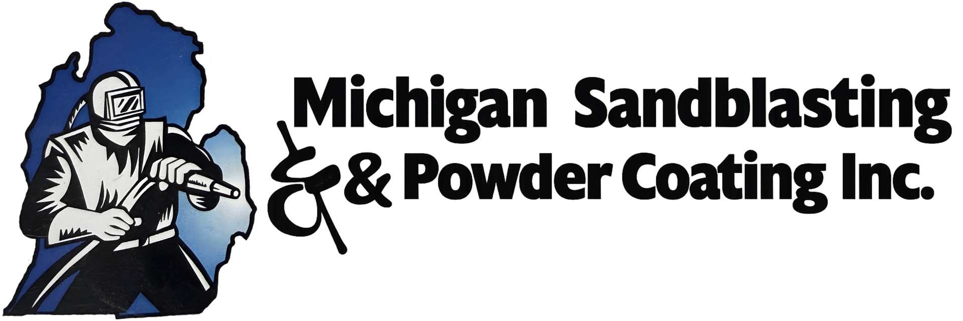 Logo for Michigan Sandblasting & Powder Coating Inc. with a figure sandblasting inside of the Michigan state outline.