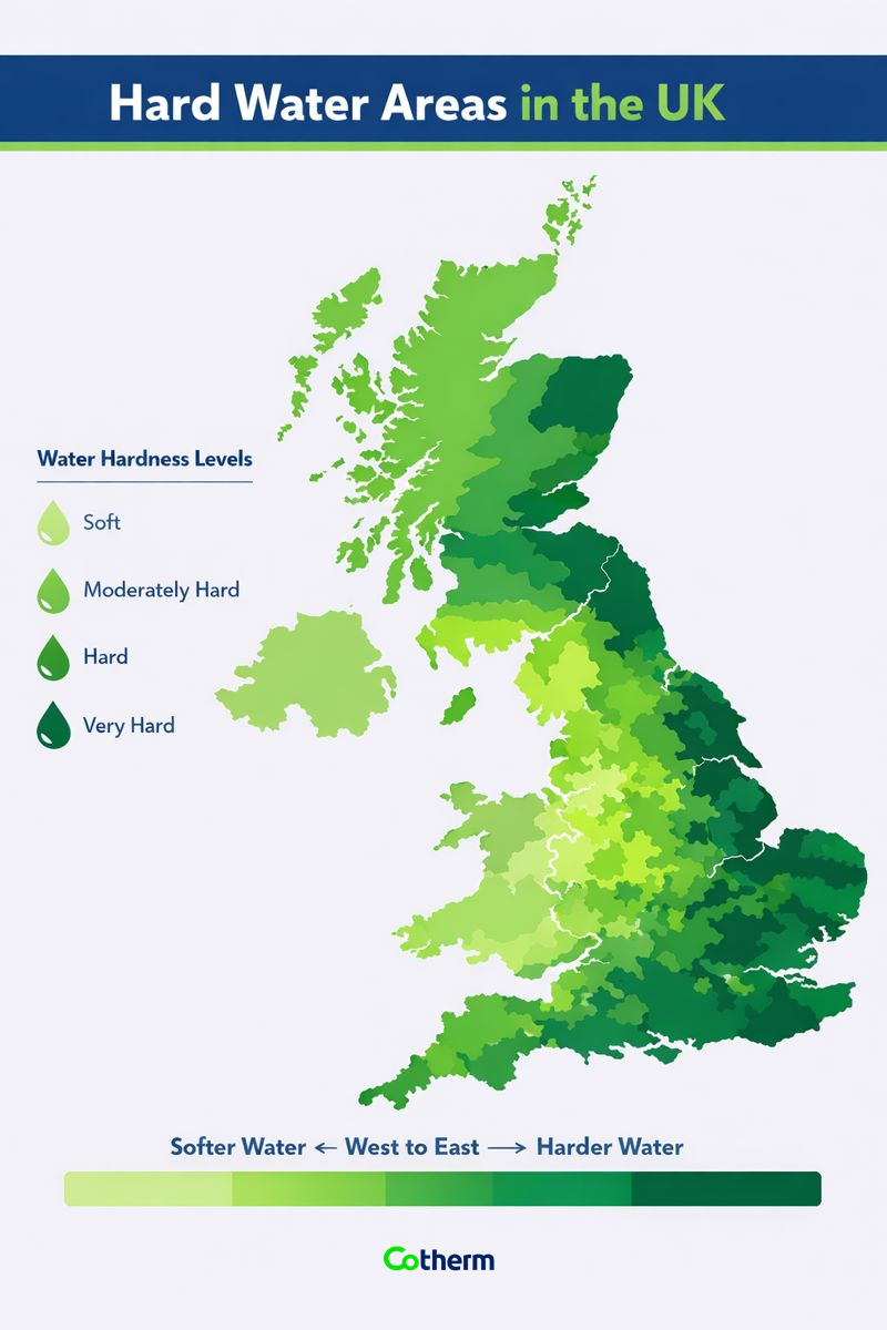 Cotherm map of the United Kingdom colour-coded to show hard, medium and soft water areas impacting immersion heater scale formation and immersion element failure