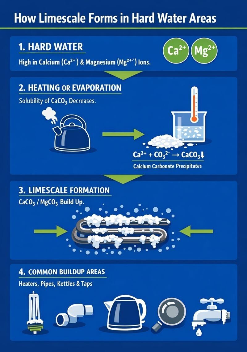 Cotherm infographic diagram explaining how limescale forms in hard water areas inside water heaters and plumbing systems