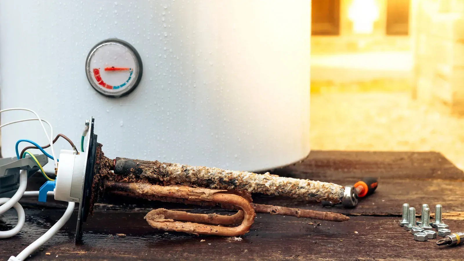 A limescale covered Immersion Heating element removed from a faulty hot water cylinder