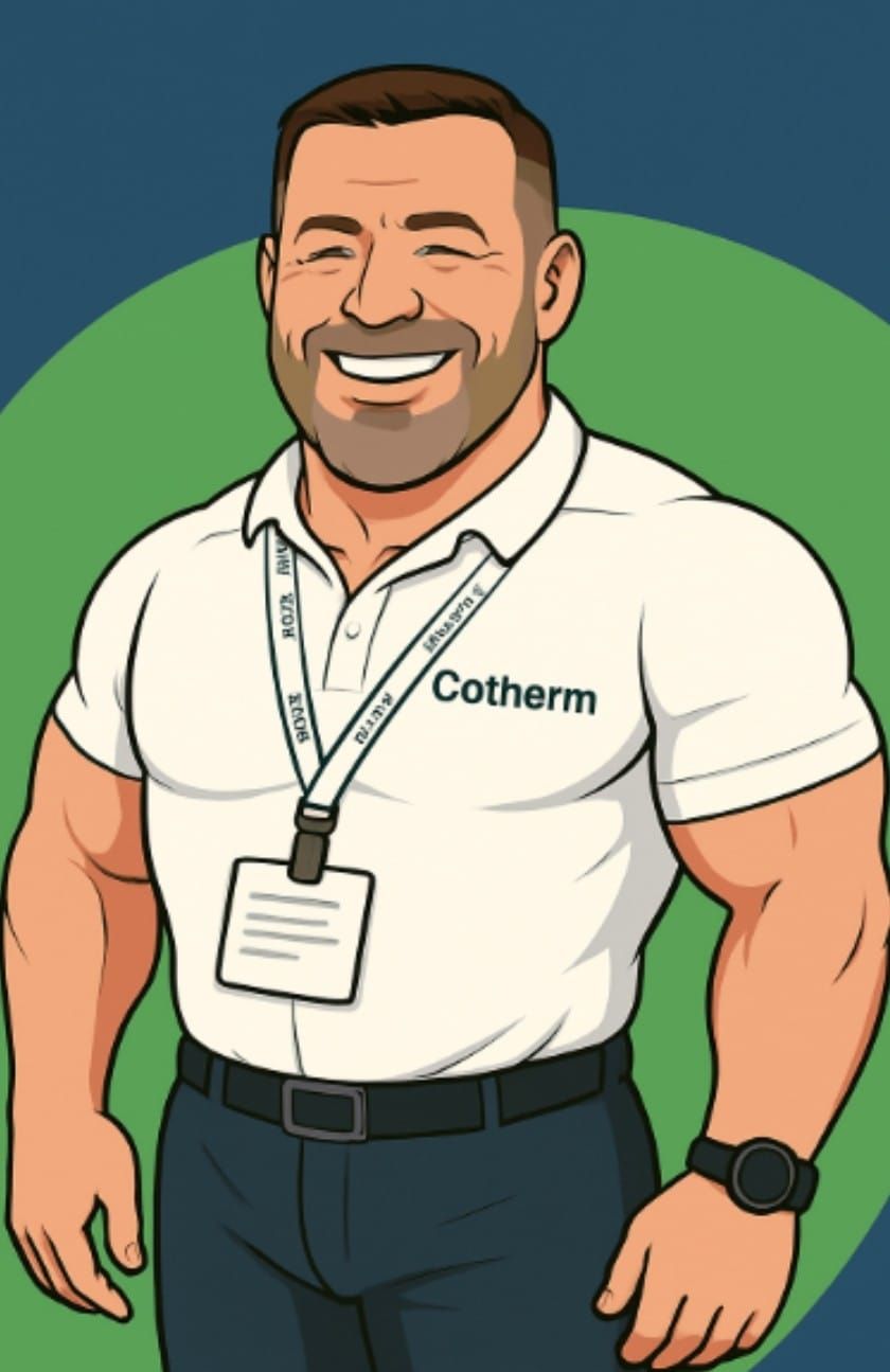 Cartoon illustration of Wayne Harrhy, Cotherm technical expert, providing advice on immersion heaters and hot water systems.