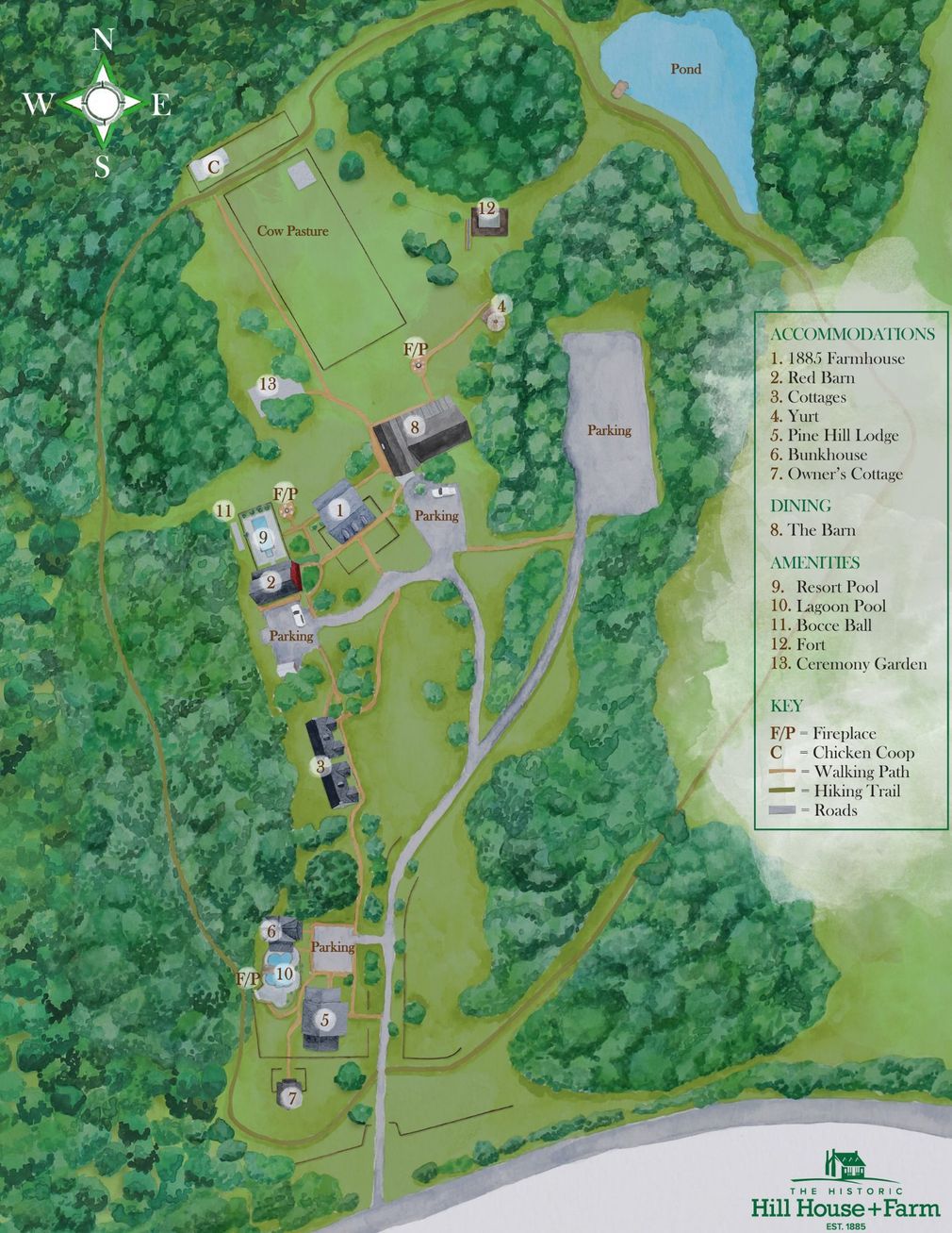 Illustrated map of a green campus with buildings, paths, pond, and legend on the right.