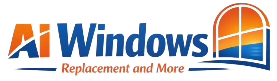 Logo for Ai Windows Replacement and More featuring the text next to a graphic of an arched window with a sunset view.