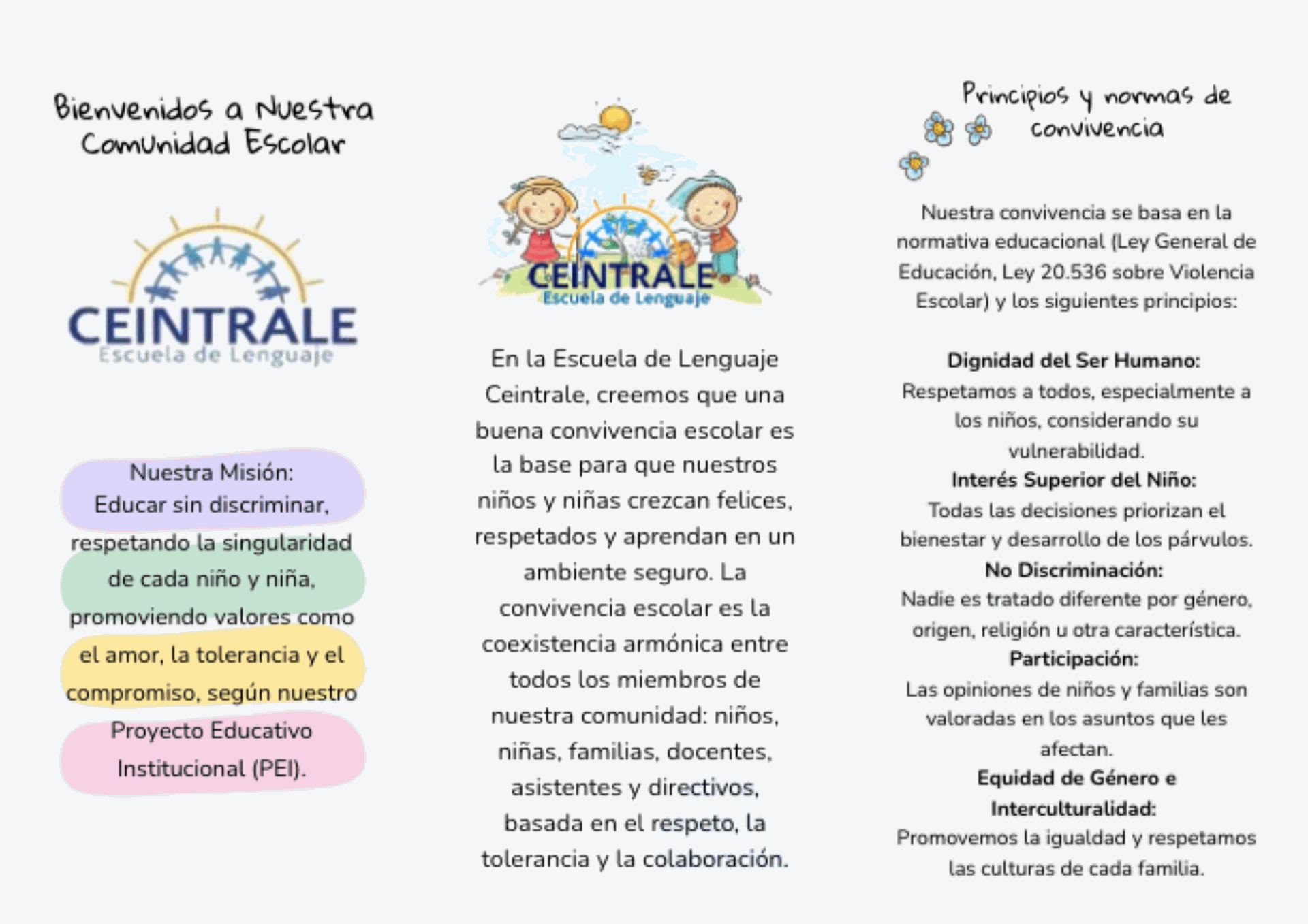 Folleto tríptico de la escuela de idiomas CEINTRALE, que describe su misión, valores y principios de convivencia escolar.