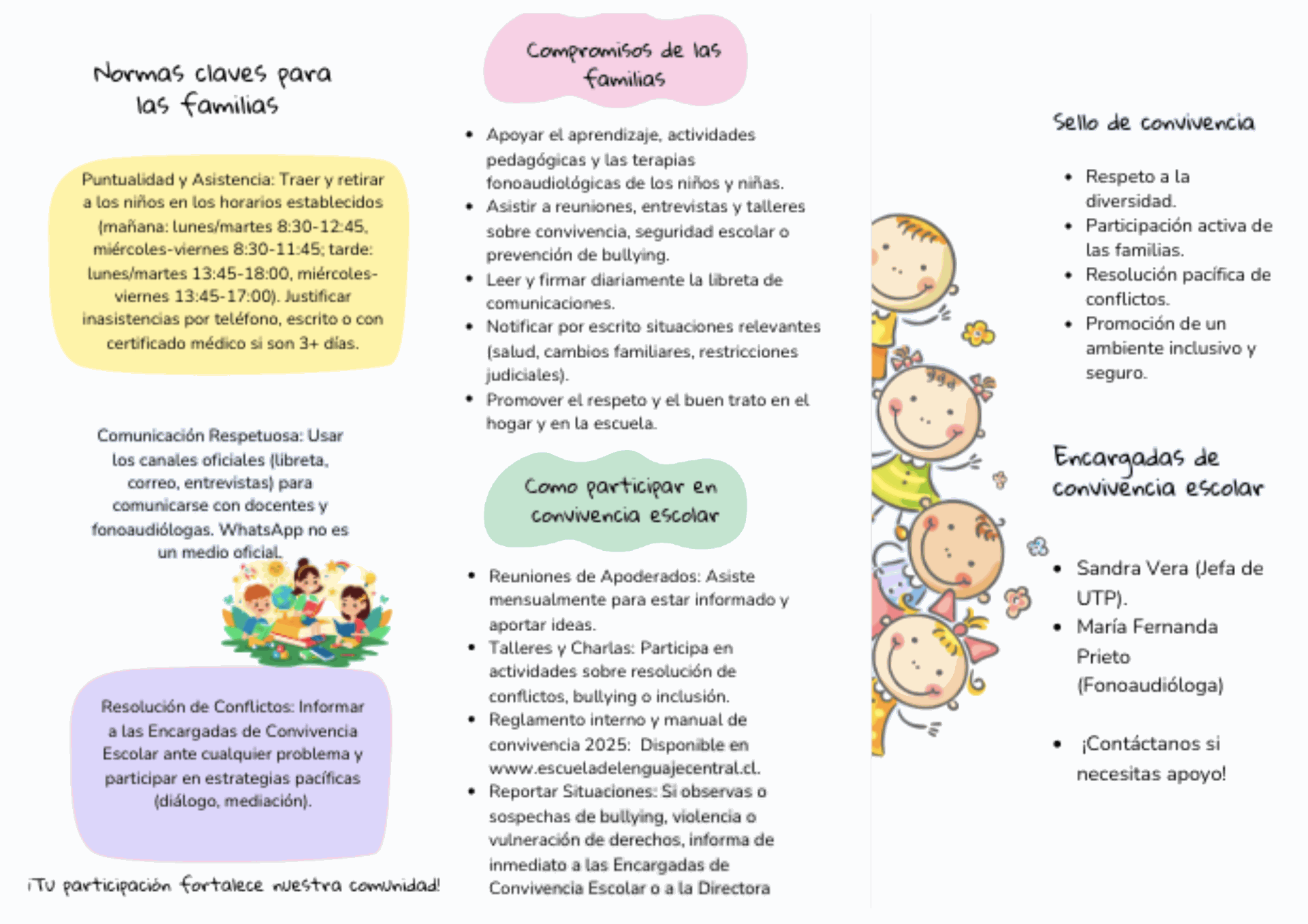 Un folleto tríptico para familias que describe las normas, la comunicación con la escuela, la participación de los padres