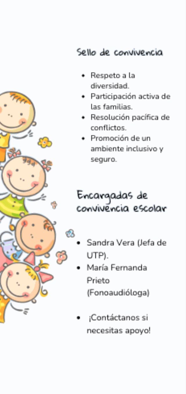 Folleto informativo que enumera los principios de convivencia escolar y el personal de contacto