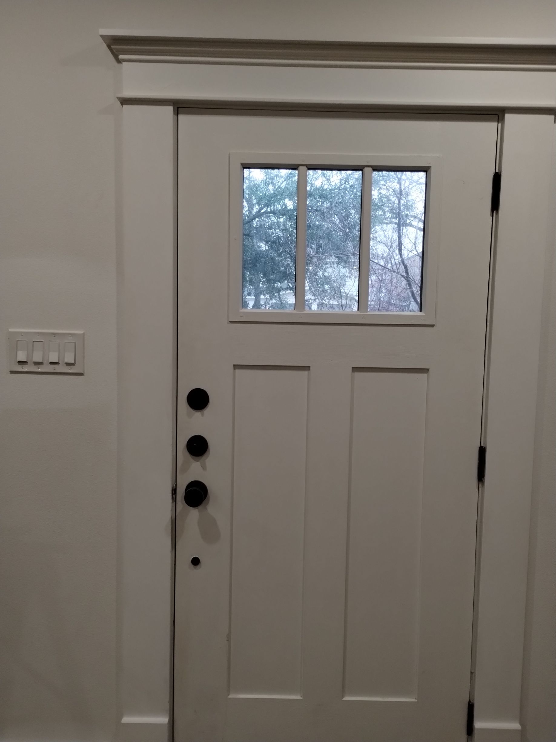 White interior door with glass pane and black hardware; light switch on the left.