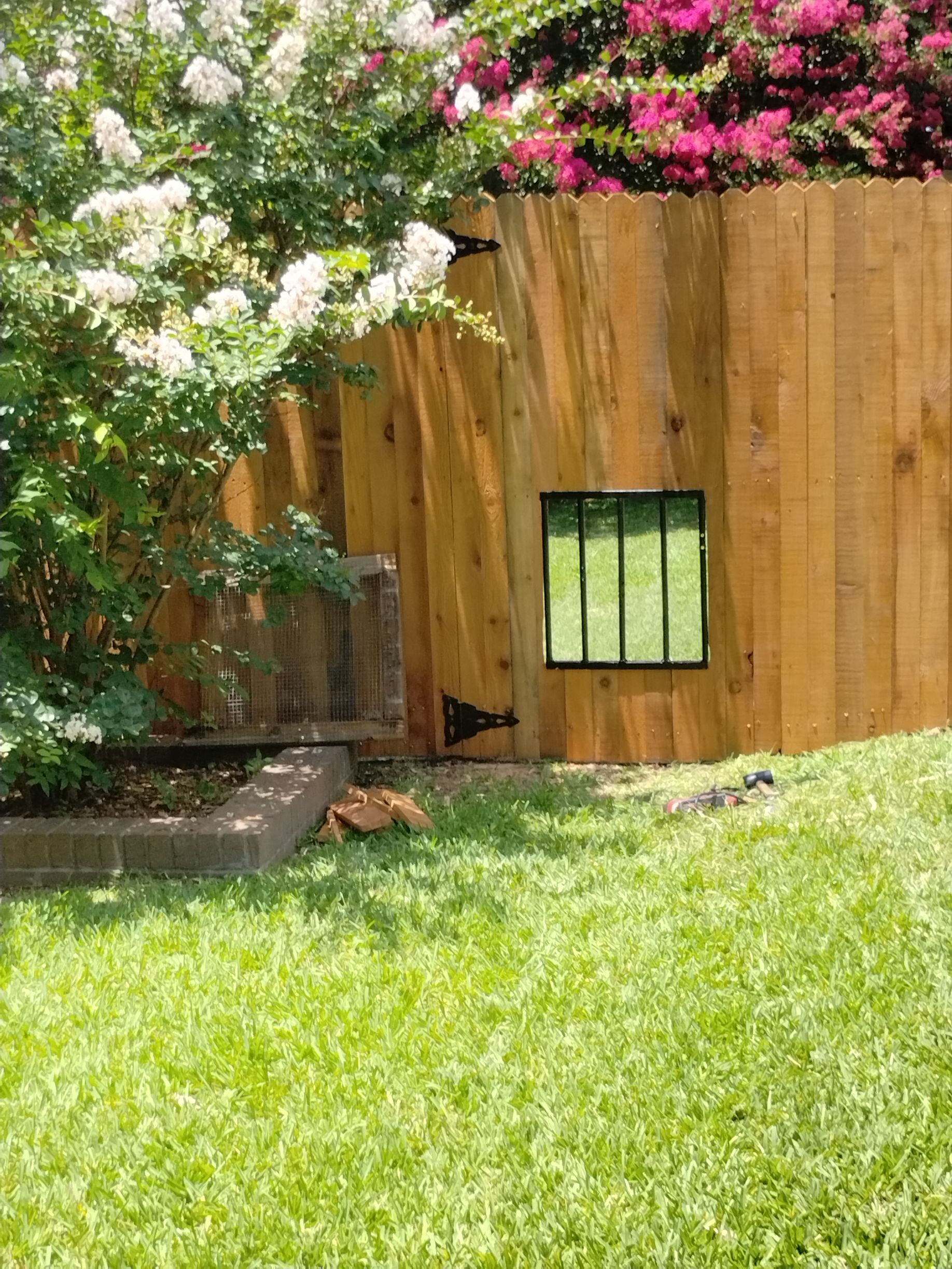Wooden fence with a small window and lush green grass. White and pink flowers.