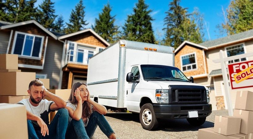 People sitting outside a house by moving truck and boxes, with a home for sale sign in front