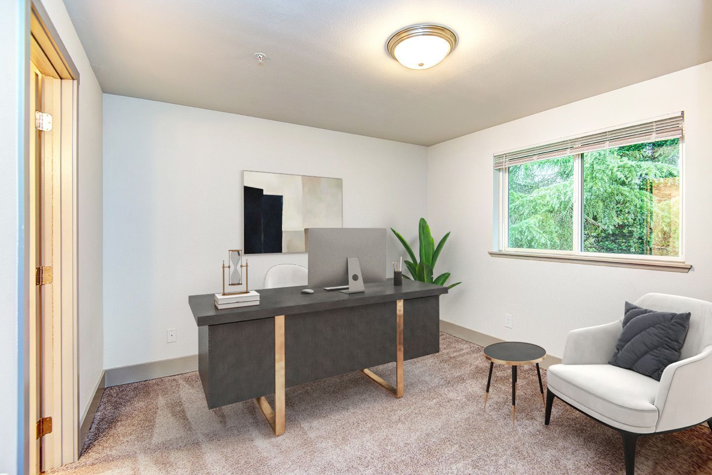 A computer generated image of a home office with a desk and chair.