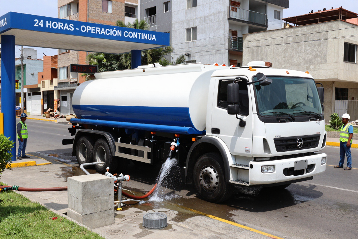Un camión cisterna blanco estacionado en una esquina de una calle de la ciudad bajo un letrero azul de