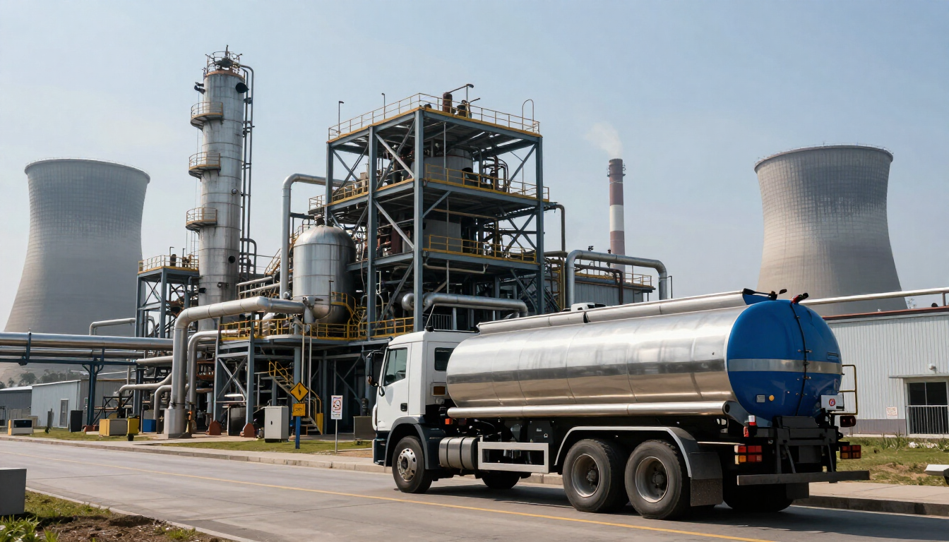 Camión cisterna de petróleo en una refinería industrial con chimeneas y torres de procesamiento.