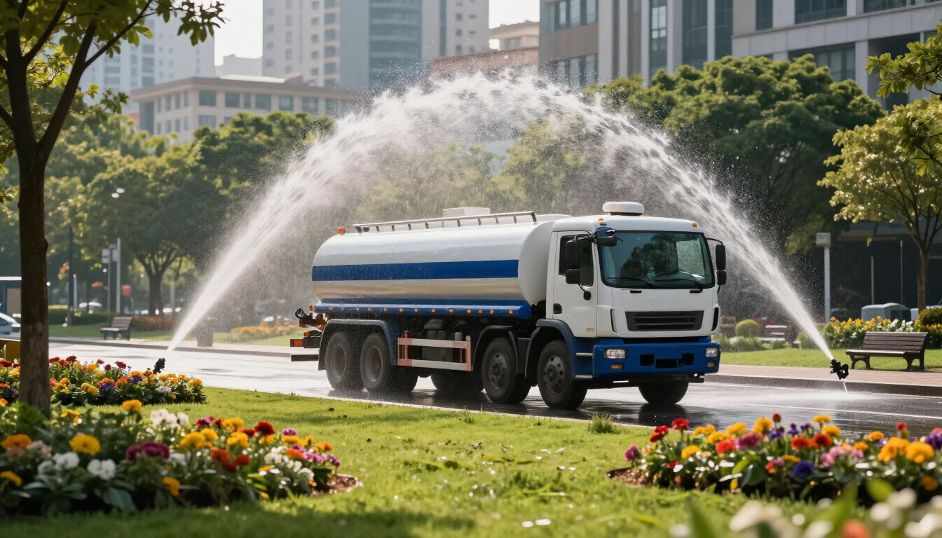 Un camión cisterna rocía agua en arcos sobre el césped y los macizos de flores de un parque urbano, con edificios al fondo.